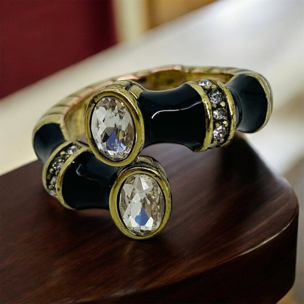 Heidi Daus Black Enamel Crystal Bypass Ring Sz 7.5